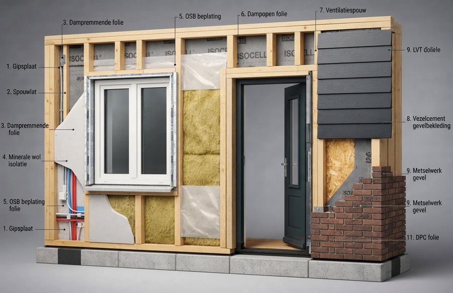 HSB wandelement doorsnede met isolatie en gevelbekleding